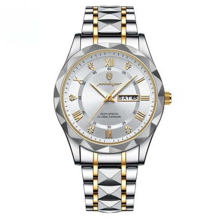 Luxury Business Quartz Watch Waterproof Calendar with silver and gold detailing, featuring a date display.