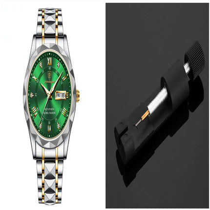 Luxury Business Quartz Watch Waterproof Calendar with green dial and silver-gold stainless steel band