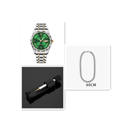 Luxury Business Quartz Watch Waterproof Calendar with vibrant green dial and stylish design, includes a 60CM chain.