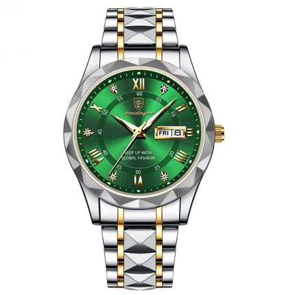 Luxury Business Quartz Watch Waterproof Calendar in green dial with gold accents and a silver band.