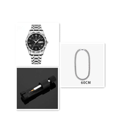 Luxury Business Quartz Watch Waterproof Calendar with stainless steel bracelet and 60cm chain necklace.