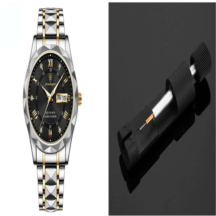 Luxury Business Quartz Watch Waterproof Calendar next to a watch repair tool on a black background.