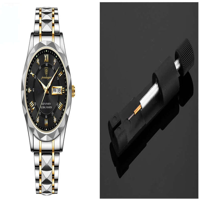 Luxury Business Quartz Watch Waterproof Calendar next to a watch repair tool on a black background.