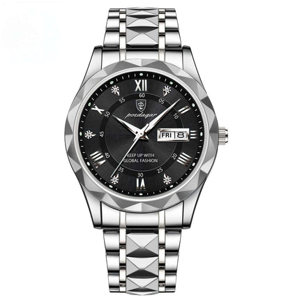 Luxury Business Quartz Watch Waterproof Calendar featuring a silver metallic strap and black dial with date display.