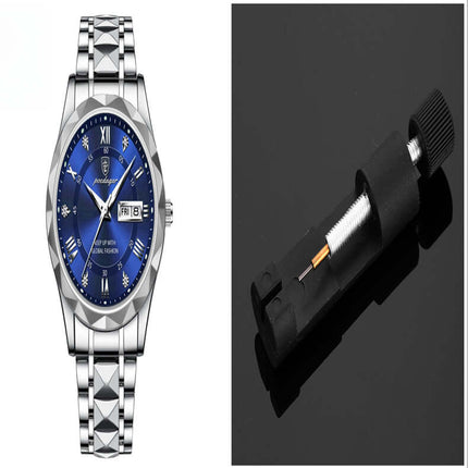 Luxury Business Quartz Watch Waterproof Calendar with blue dial and silver metal band, tool for adjusting watch.