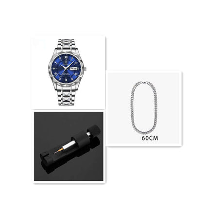Luxury Business Quartz Watch Waterproof Calendar with blue dial, stainless steel band, and a 60CM chain accessory.