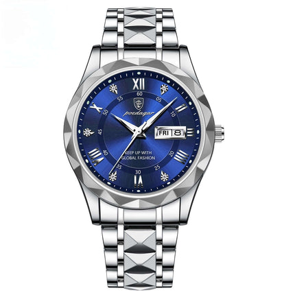 Luxury Business Quartz Watch Waterproof Calendar with blue dial and silver strap, featuring date display.