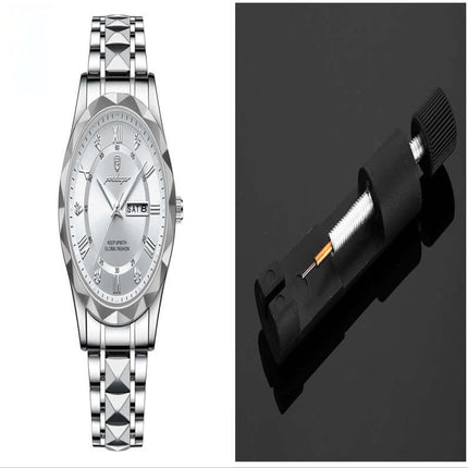 Luxury Business Quartz Watch Waterproof Calendar with sleek design and adjustable strap, alongside a watch tool for easy adjustments.