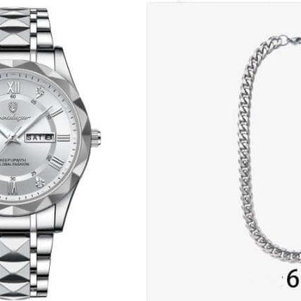 Luxury Business Quartz Watch Waterproof Calendar with silver stainless steel bracelet and a stylish design.