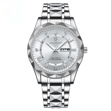 Luxury Business Quartz Watch Waterproof Calendar with silver stainless steel band and diamond accents on the dial.