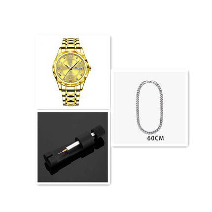 Luxury Business Quartz Watch Waterproof Calendar with gold-tone design and matching chain necklace, 60CM length.