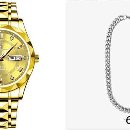 Luxury Business Quartz Watch Waterproof Calendar with gold stainless steel band and calendar feature.
