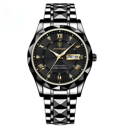Luxury Business Quartz Watch Waterproof Calendar on a black metal band with a sleek design and calendar feature.