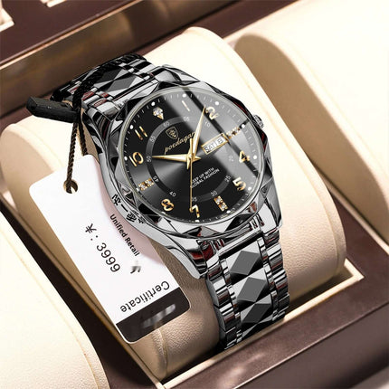 Luxury Business Quartz Watch Waterproof Calendar displayed in a stylish watch box with tag.