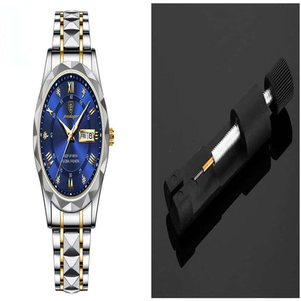 Luxury Business Quartz Watch Waterproof Calendar with blue dial and silver band next to watch adjustment tool.