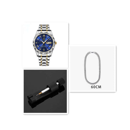 Luxury Business Quartz Watch Waterproof Calendar with blue dial and stainless steel band, watch repair tool, and 60cm chain.