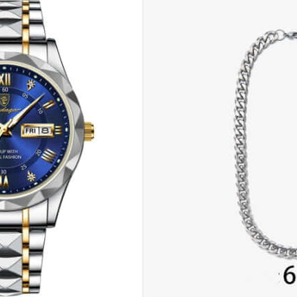 Luxury Business Quartz Watch Waterproof Calendar with blue dial and stainless steel strap