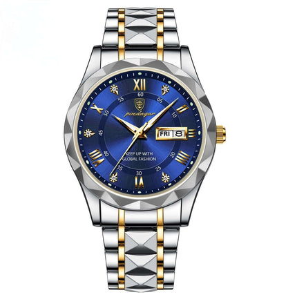 Luxury Business Quartz Watch Waterproof Calendar featuring blue dial and two-tone metal bracelet.