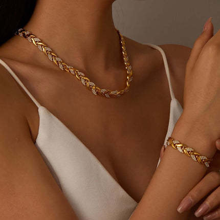 Luxury Fish Tail Diamond Necklace & Bracelet Set worn by a model showcasing elegant design and sparkle.
