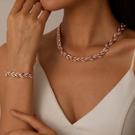 Luxury Fish Tail Diamond Necklace & Bracelet Set worn elegantly on a woman's neck and wrist.