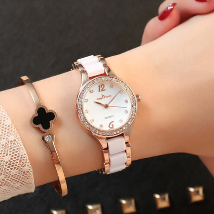 Luxury Women Quartz Watch Ceramic Diamond Ladies Gift worn on a wrist alongside a stylish bracelet.