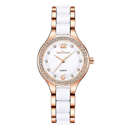 Luxury Women Quartz Watch Ceramic Diamond Ladies Gift with white ceramic band and rose gold accents.