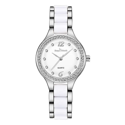 Luxury Women Quartz Watch Ceramic Diamond Ladies Gift with white ceramic band and sparkling diamond accents.
