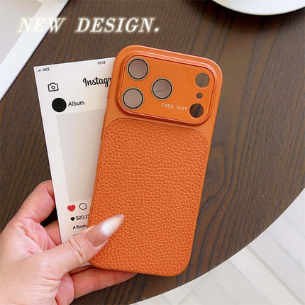 Lychee pattern Phone Case Full body Coverage with orange design on wooden table beside Instagram card.