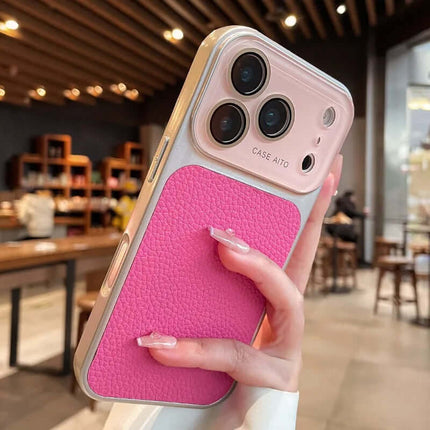Lychee pattern Phone Case Full body Coverage shown on a hand in a cafe with a stylish pink grip.