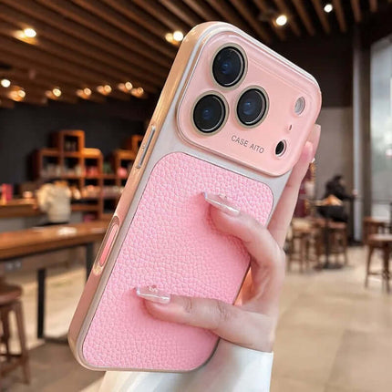 Lychee pattern Phone Case Full body Coverage held in hand in a cafe setting with wooden furniture.
