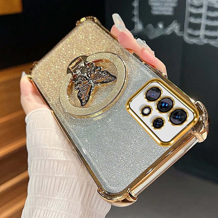 Magnetic Bowknot Stand Electroplated S25 Ultra Case with butterfly design, glimmering gold and silver finish.