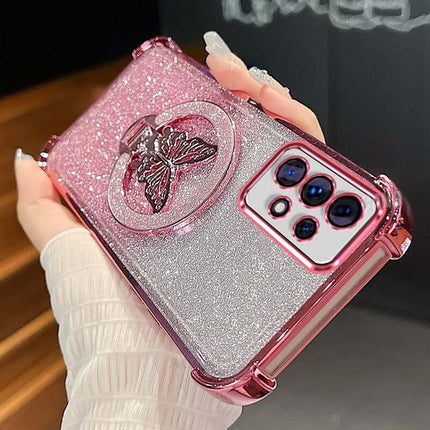 Magnetic Bowknot Stand Electroplated S25 Ultra Case showing a pink glitter butterfly design with ring holder.