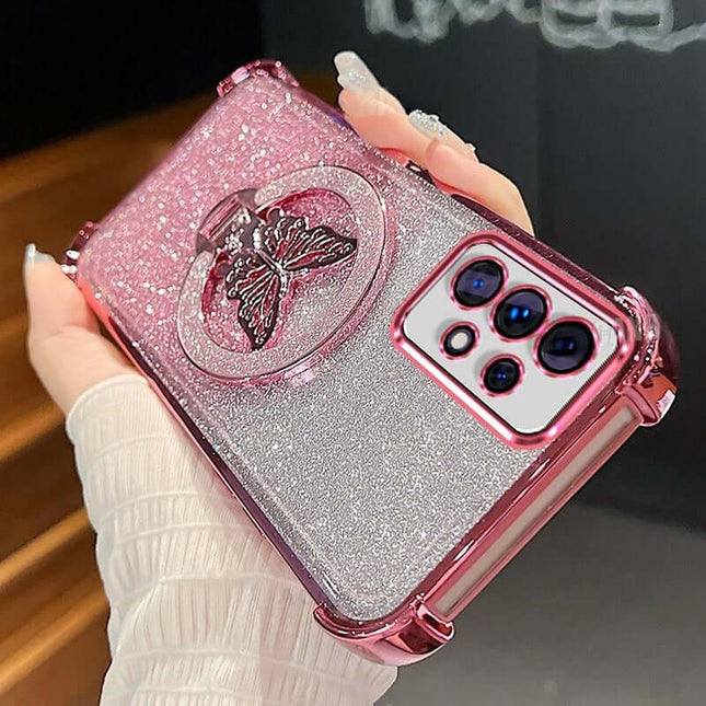 Magnetic Bowknot Stand Electroplated S25 Ultra Case showing a pink glitter butterfly design with ring holder.