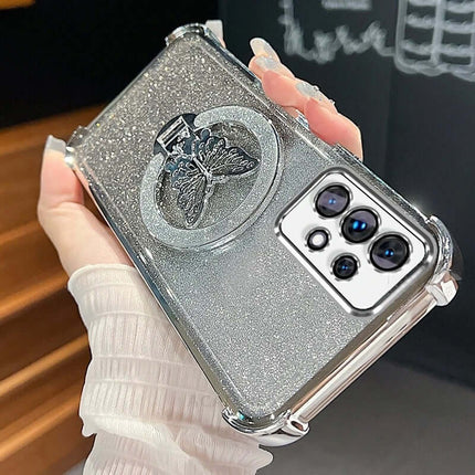 Magnetic Bowknot Stand Electroplated S25 Ultra Case with sparkly design and butterfly ring holder on a smartphone.