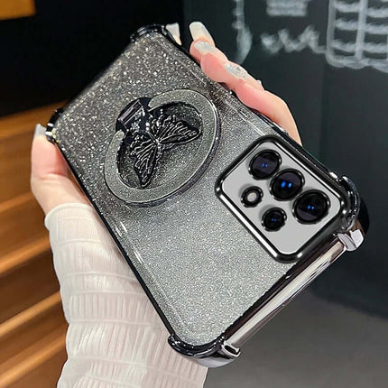 Magnetic Bowknot Stand Electroplated S25 Ultra Case with butterfly design and glitter finish, showcasing stylish phone protection.