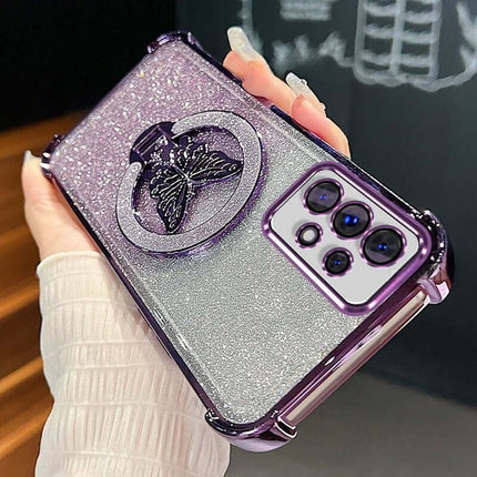 Magnetic Bowknot Stand Electroplated S25 Ultra Case in hand with sparkly butterfly design and purple accents.