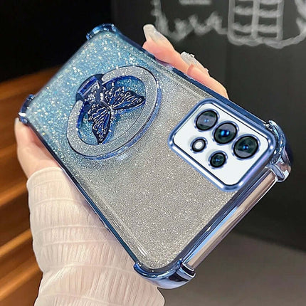 Magnetic Bowknot Stand Electroplated S25 Ultra Case with butterfly design and glitter finish in hand.