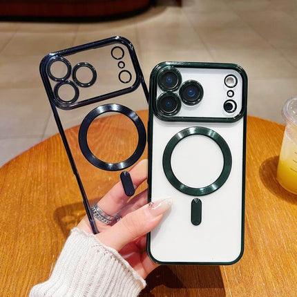 Magnetic Electroplating Case for iPhone 15 displayed on a wooden table with a drink, showcasing its sleek design.