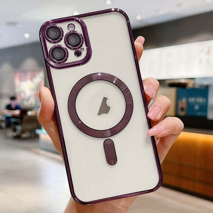 MagSafe Electroplating Case for iPhone 16 displayed in a hand, showcasing its sleek design and magnetic feature.