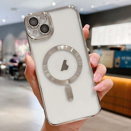 MagSafe Electroplating Case for iPhone 16 held in hand, showcasing its sleek design and compatibility with MagSafe accessories.