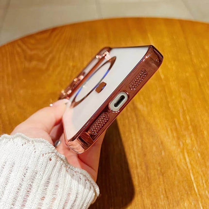 MagSafe Electroplating Case for iPhone 16 shown from the side, highlighting its sleek design and glossy finish.