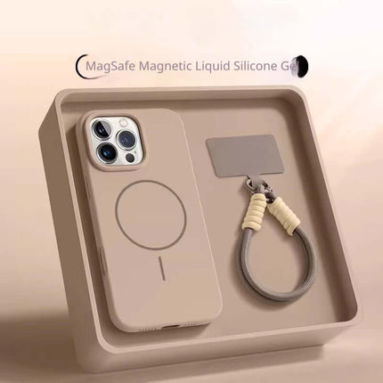 Drop-Proof Lanyard Magnetic Liquid Silicone Phone Case with MagSafe magnetic feature and attached ring keychain.