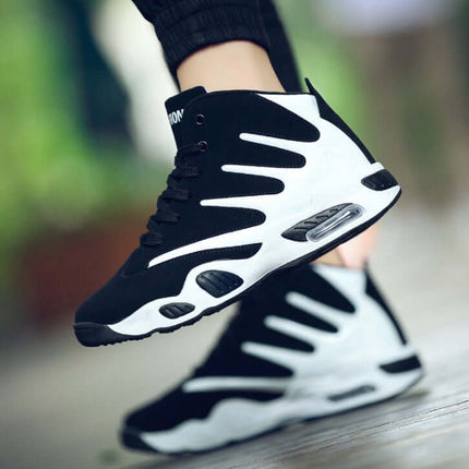 Men Air Cushion Wear-Resistant Basketball Sneakers in black and white design, showcasing cushioning and durability for athletes.