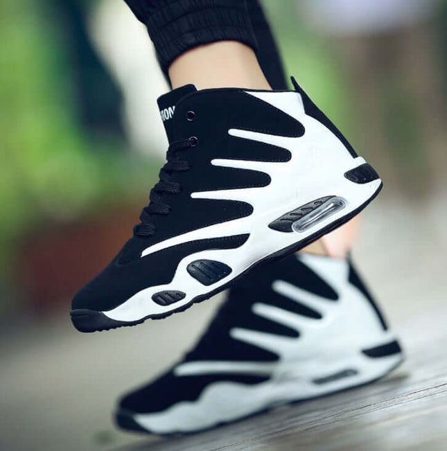 Men Air Cushion Wear-Resistant Basketball Sneakers in black and white design, showcasing cushioning and durability for athletes.