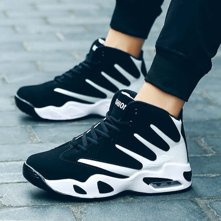 Men Air Cushion Wear-Resistant Basketball Sneakers in black and white design, showcasing stylish athletic footwear.