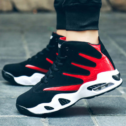 Men Air Cushion Wear-Resistant Basketball Sneakers in black and red color, showcasing cushioning and sporty design.