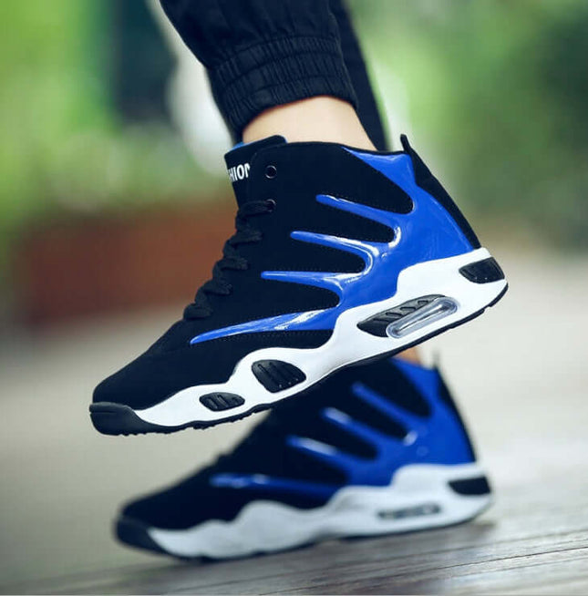 Men Air Cushion Wear-Resistant Basketball Sneakers in black and blue, showcasing a stylish and durable design.