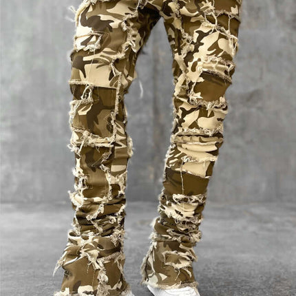 Men Ripped Stacked Slim Fit Jeans Streetwear showcasing a bold urban style with ripped details and a slim fit in camouflage pattern.