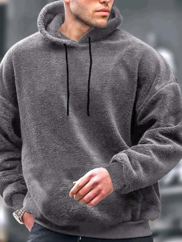 Men Casual Coral Fleece Hooded Sweatshirt Jacket back view