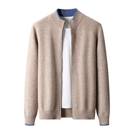 Men Contrast Color Cardigan Half Turtleneck Zipper Sweater protective half turtleneck collar design close up look.